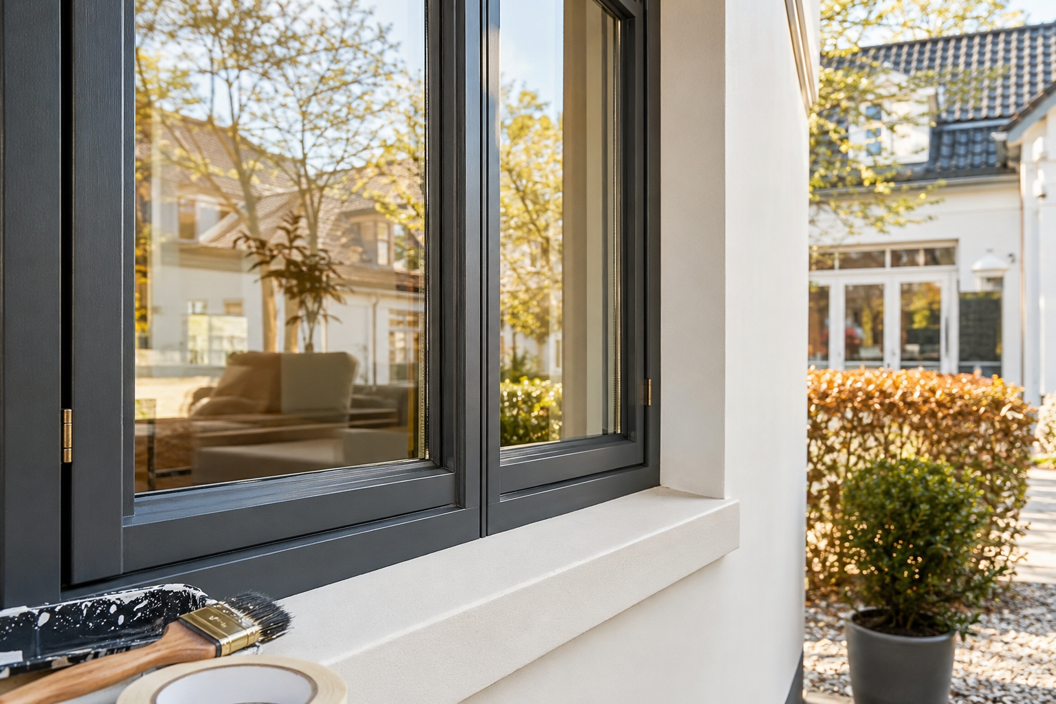 Hoogwaardig afgewerkt kozijn met glas in een moderne woning